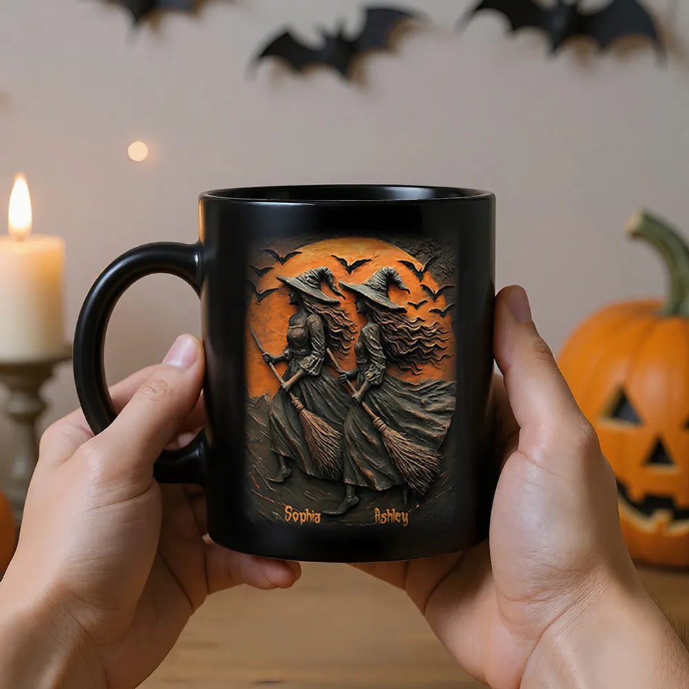 Custom Halloween Mug with Twin Witches & Spooky Night Design