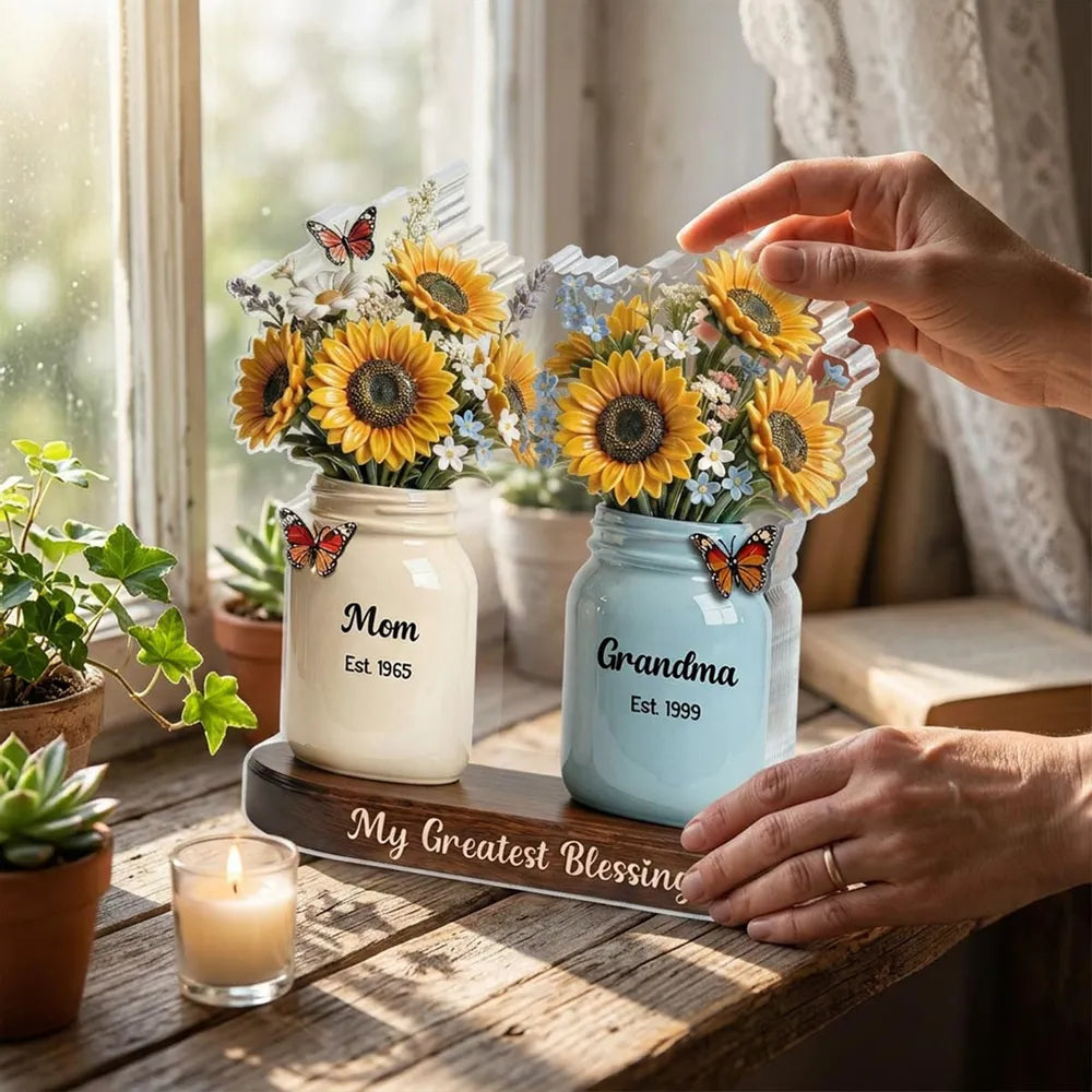 Personalized Shaped Acrylic Block Plaque with Sunflower Mason Jars, 'My Greatest Blessings' Unique Gift for Mom & Grandma