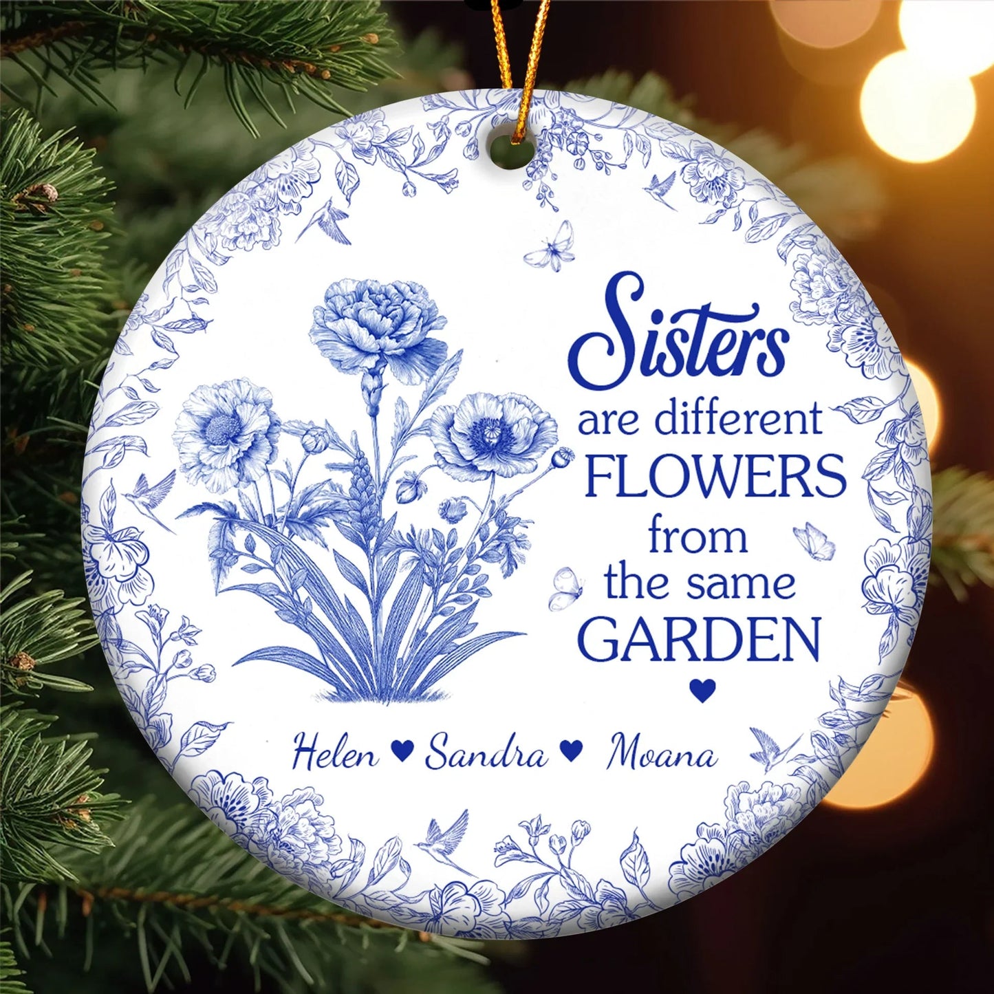 Sisters Ceramic Ornament with Blue Flower Pattern, Sentimental Home Décor and Gift-Ready Keepsake