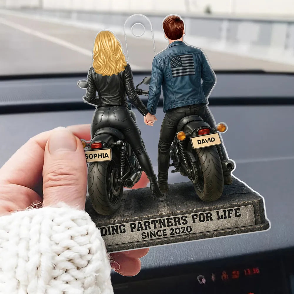 Riding Partners for Life Acrylic Car Hanger, Personalized Couple on Motorcycles Rearview Mirror Decor, Sentimental Gift for Couples