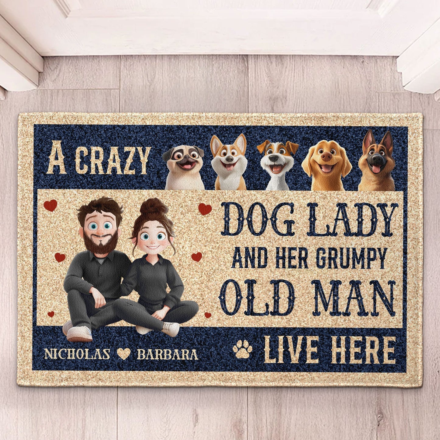 Custom Dog Lover Doormat – ‘A Crazy Dog Lady & Her Grumpy Old Man Live Here’ – Personalized Home Entry Mat