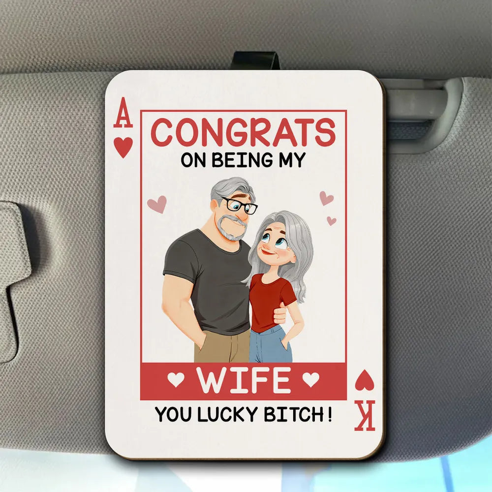 Personalized Wooden Car Visor Clip Funny Couple Illustration Card Style Car Decor, Unique Gift for Wife