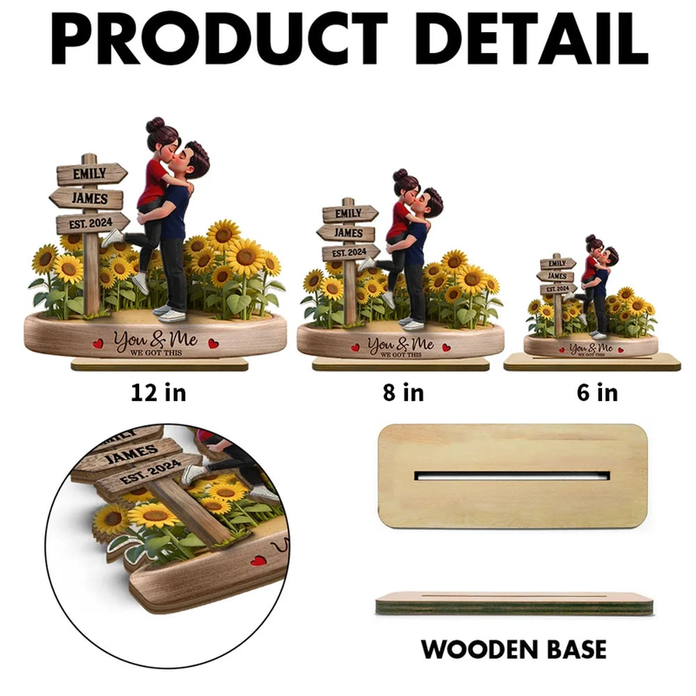Personalized 2-Layer Wooden Plaque Couple Hugging Kiss in Sunflowers You & Me We Got This Unique Gift for Wife or Husband