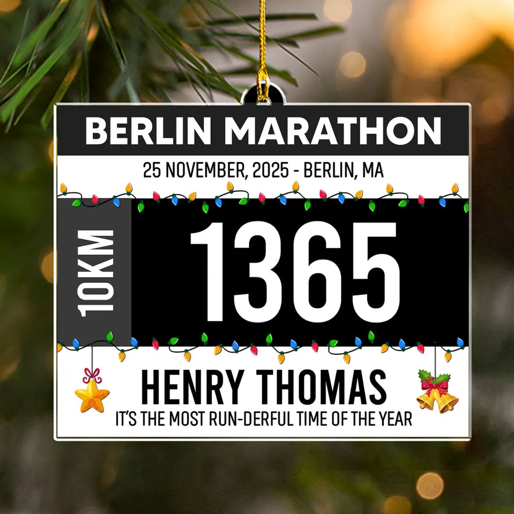 Acrylic Ornament Running Bib Style, modern green & white for holiday decor, celebrate finish lines on the tree, creative gift for athletes & friends