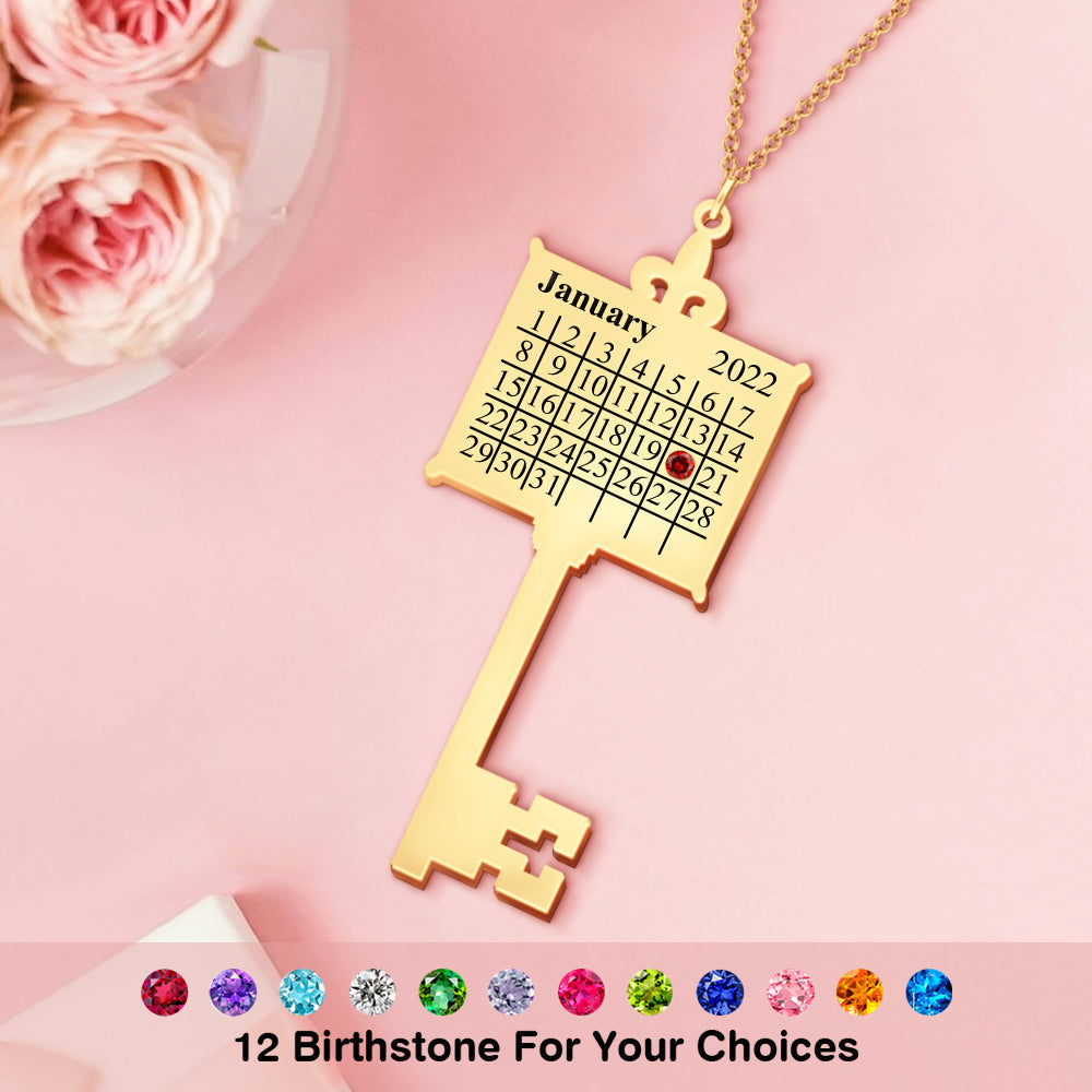 Key Calendar Charm - Personalized Key Birthday Calendar Necklace