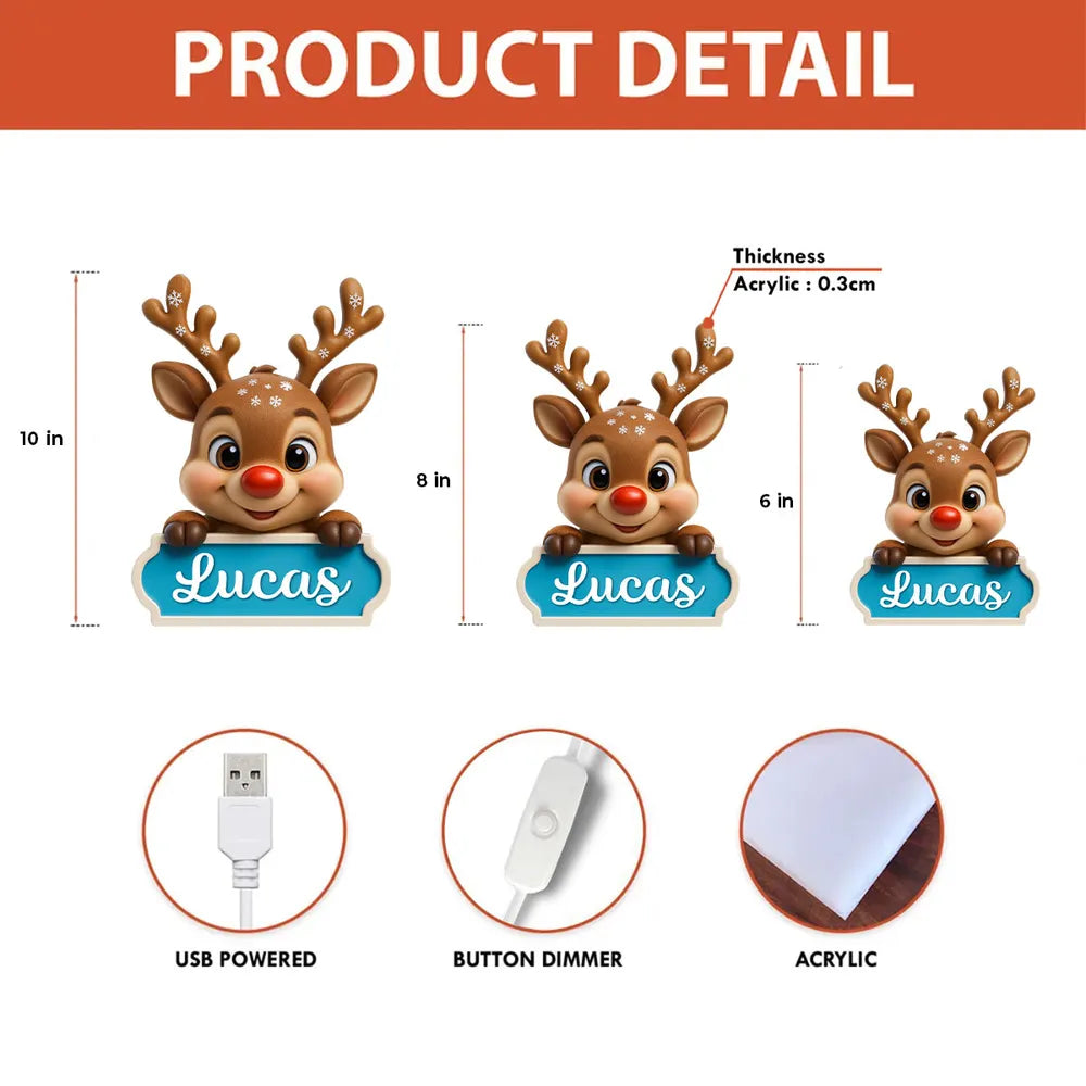 Acrylic Light Box Reindeer Nursery Lamp, Custom Cute Design, Warm Glow, Unique Christmas Gift for Children & Grandchildren