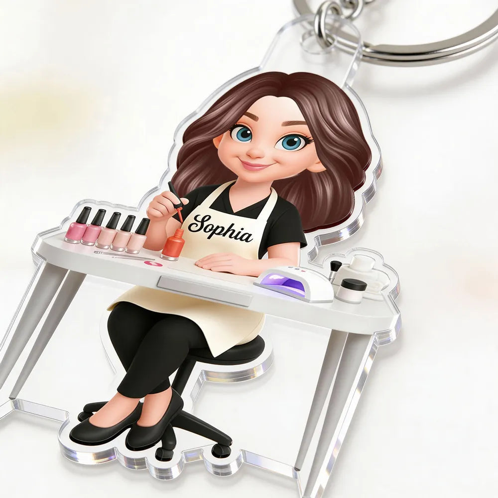 Personalized Nail Technician Acrylic Keychain, Cute Salon Desk Cartoon Charm, Unique Gift for Her
