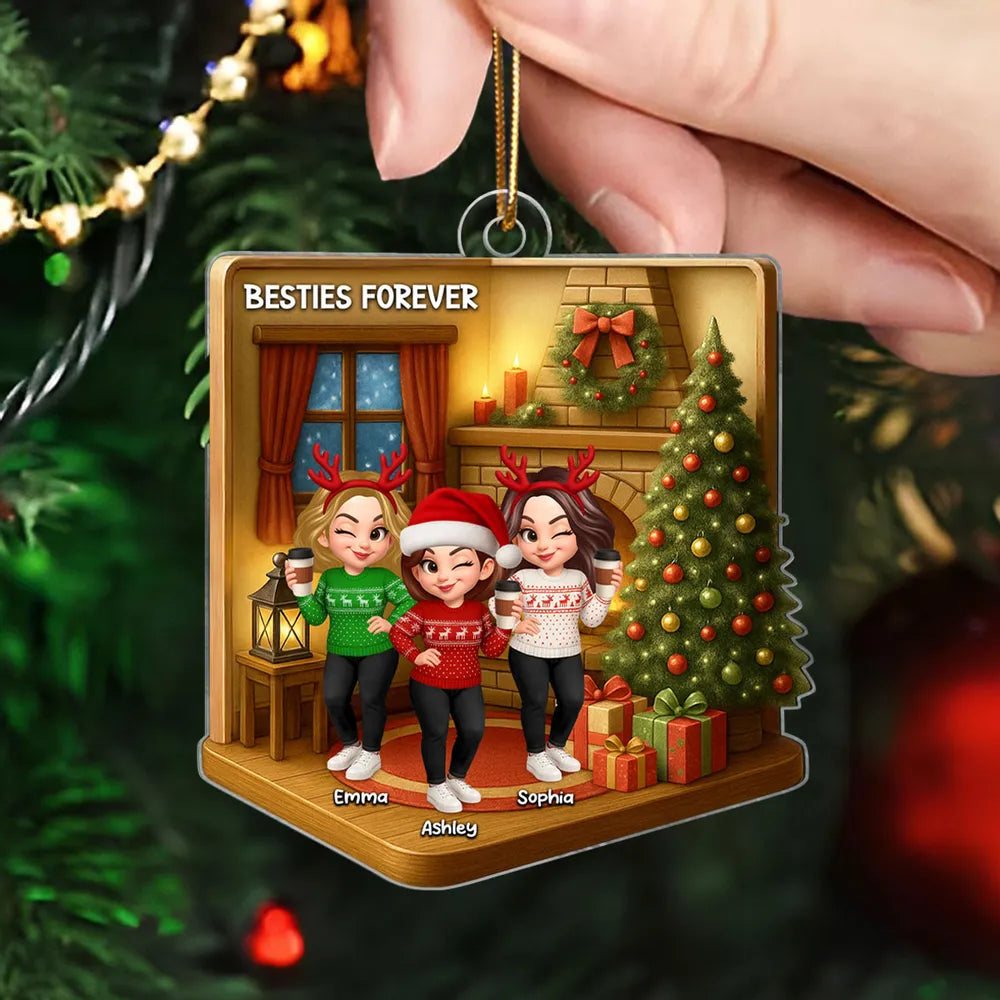 Custom Best Friends Christmas Ornament - Cozy Fireplace Design