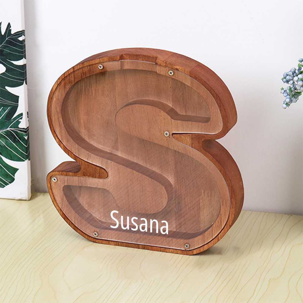 Custom Initial And Name - Personalized Letter And Name Brown Wooden Piggy Bank