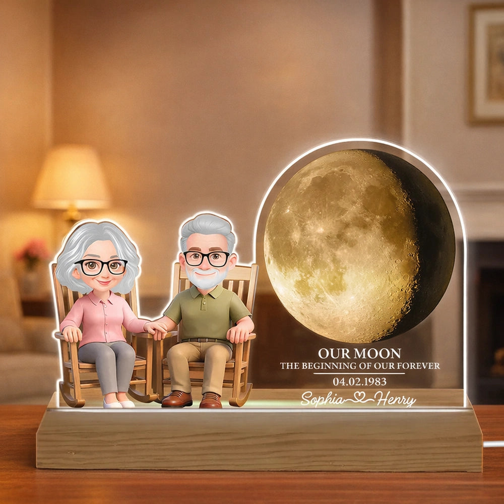 Custom Shaped Acrylic Block LED Plaque, Cozy Rocking Chair Couple Under a Glowing Moon - Romantic Keepsake Gift