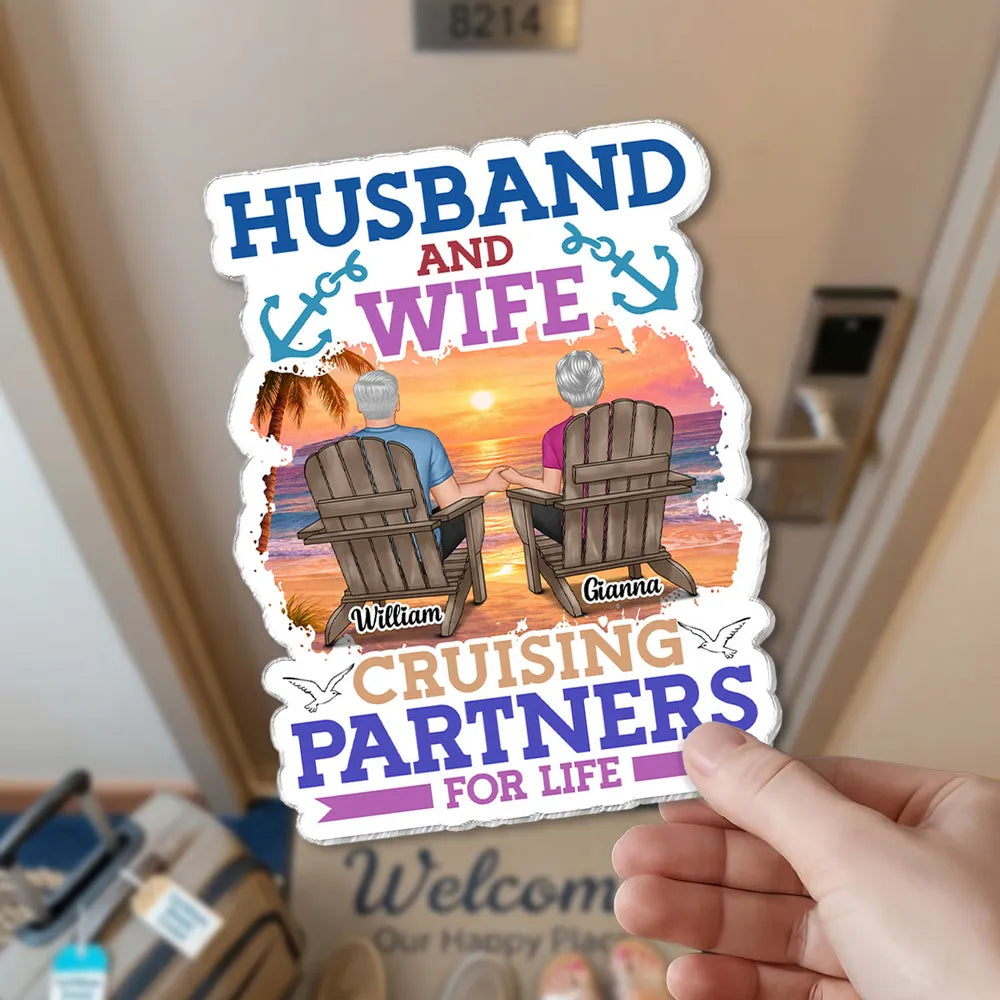 Personalized Acrylic Magnet Cruise Couple Sunset Beach Chairs 'Cruising Partners for Life' Unique Gift for Husband & Wife