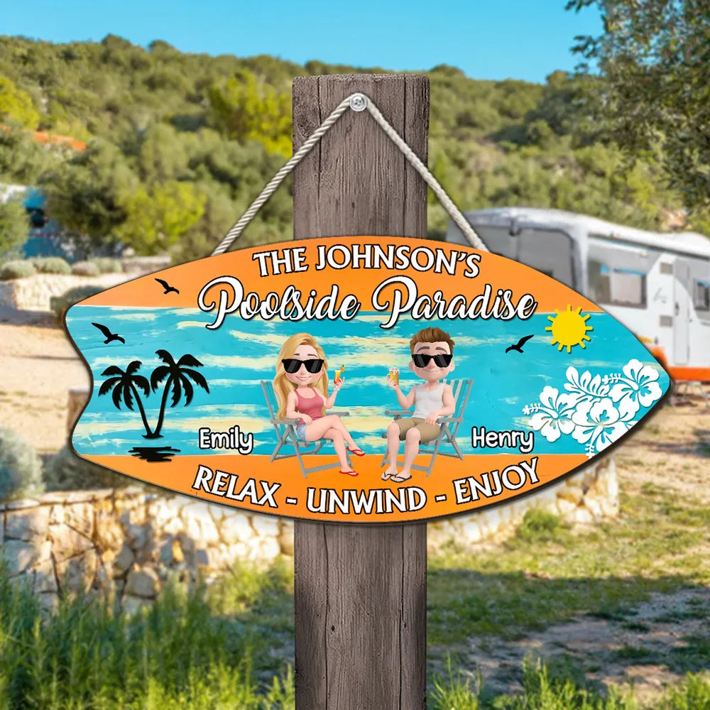 Poolside Paradise Wooden Sign, Personalized Sunny Beach Couple Illustration, Relax Unwind Enjoy, Creative Gift