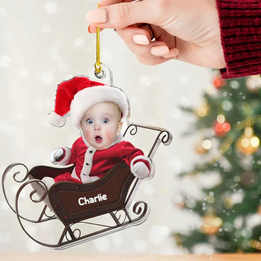 Acrylic Ornament Custom Photo Santa Baby in Sleigh for Christmas Tree, Keepsake, Unique Gift for Parents and Grandparents