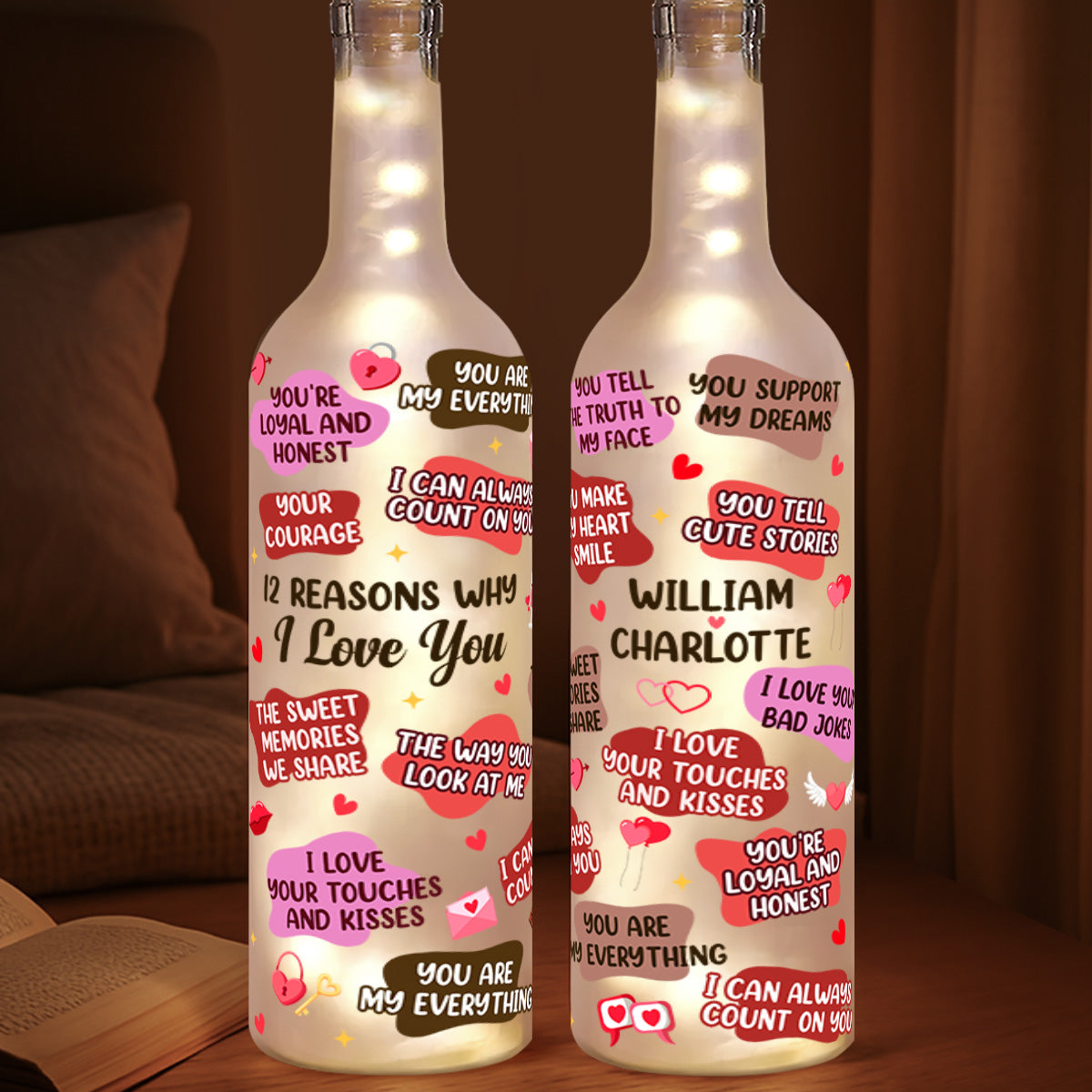 Personalized Bottle Lamp with 12 Reasons I Love You, Soft Warm Glow Bedroom Light, Unique Romantic Gift for Couples