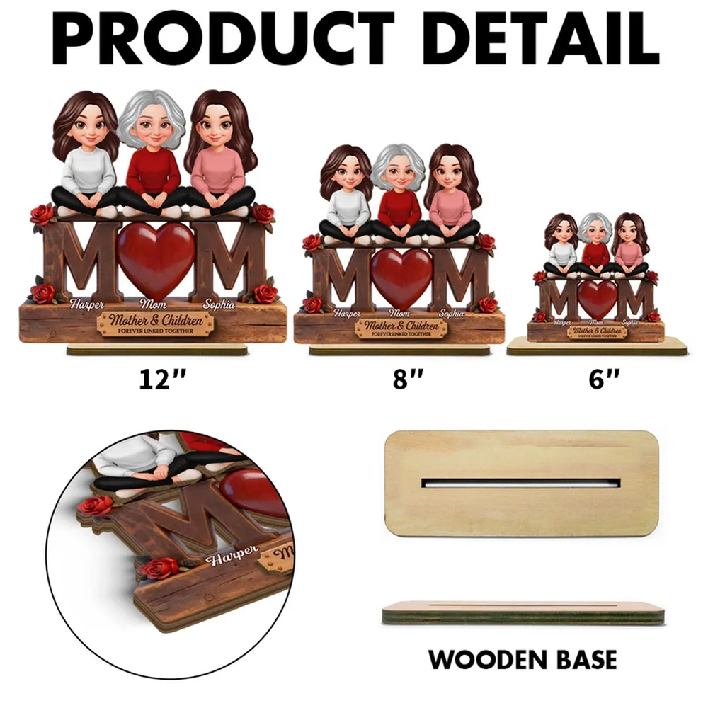 Personalized 2-Layer Wooden Plaque Mom and Daughters Cartoon Sitting on MOM Heart - Unique Mother's Day Gift