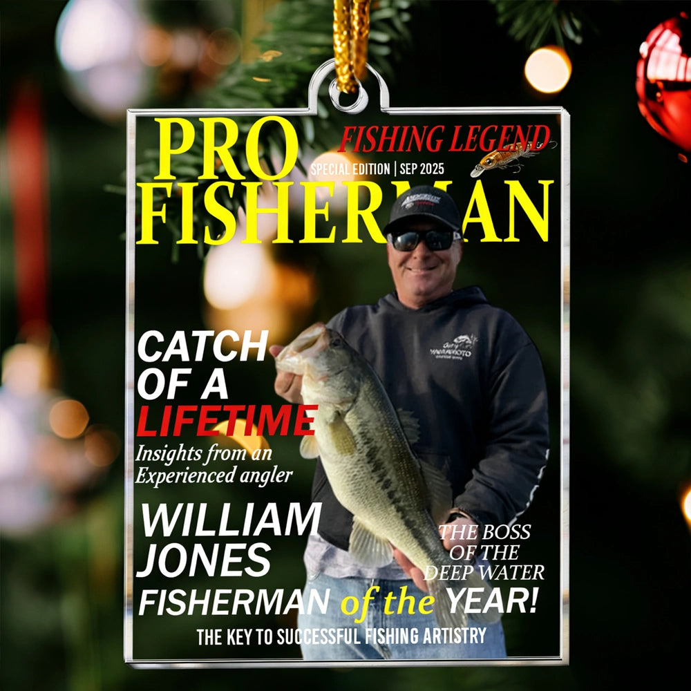 Personalized Acrylic Ornament for Fishing Legend – Pro Fisherman Magazine Style, Unique Gift for Anglers & Holiday Decor