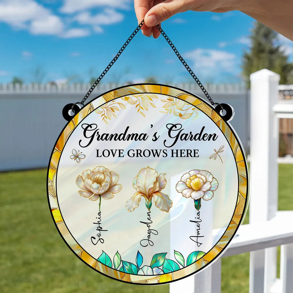 Personalized Acrylic Suncatcher Ornament – Grandma’s Garden “Love Grows Here”, thoughtful gift-ready keepsake for Grandma