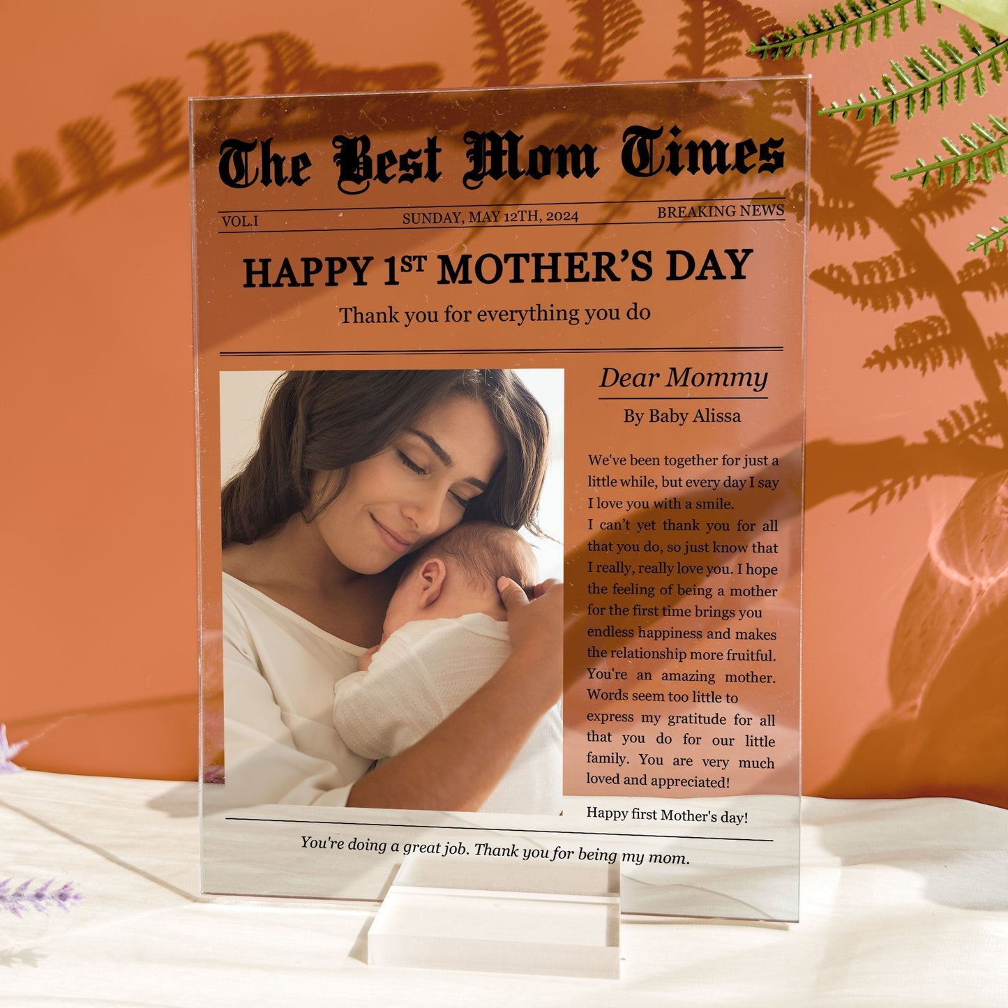 Personalized Acrylic Plaque Gift with Thank-You Letter for Mom