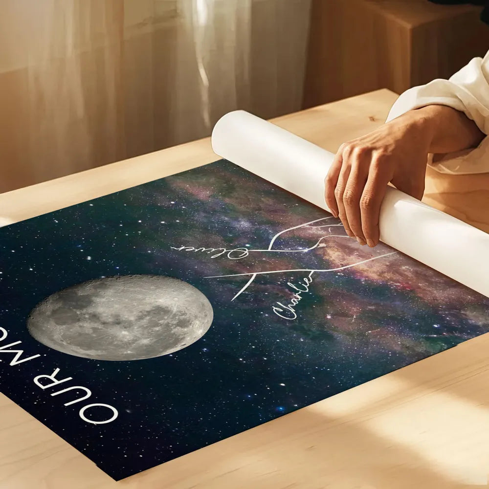 Personalized Moon Phase Poster, Couple Holding Hands Line Art on Starry Sky Wall Art, Unique Romantic Gift