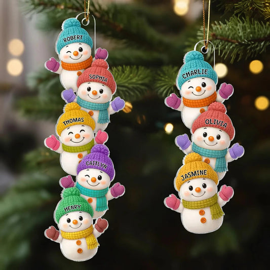 Personalized Acrylic Ornament with Stacked Snowmen Characters, Cute Family Christmas Decor, Unique Holiday Tree Gift