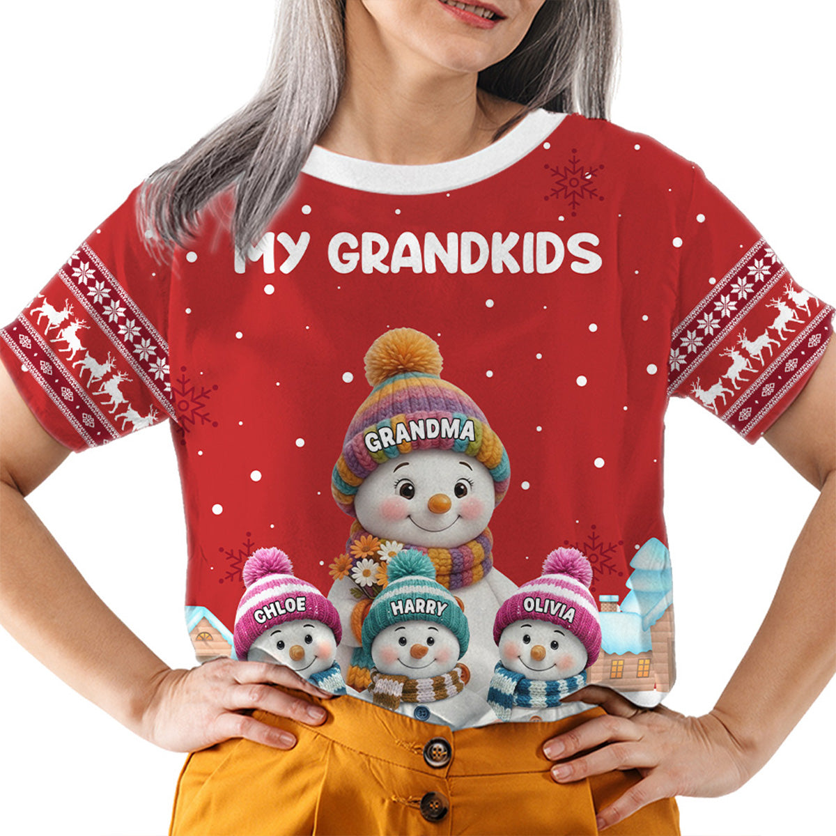 Personalized Printed Classic Tee for Grandma with Grandkids Snowman Scene, Cozy Christmas Gift She Will Love