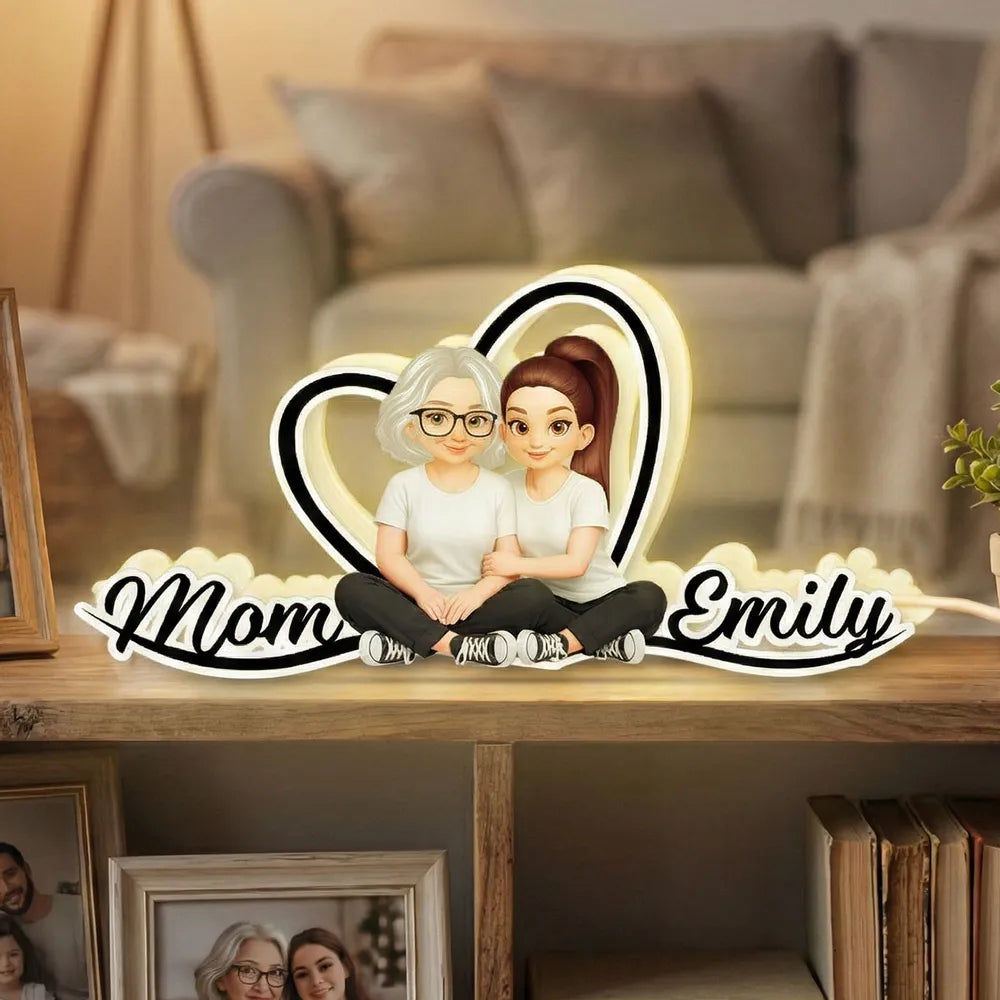 Mom and Daughter Forever Love Acrylic Light Box, Heart Backdrop Hugging Duo, Cozy Bedside Glow, Unique Gift for Mom