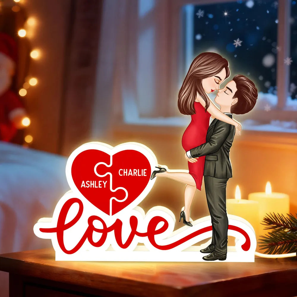 Acrylic Light Box Warm Glow Couple Embrace Love Heart Puzzle Design - Personalized Keepsake Gift for Couples