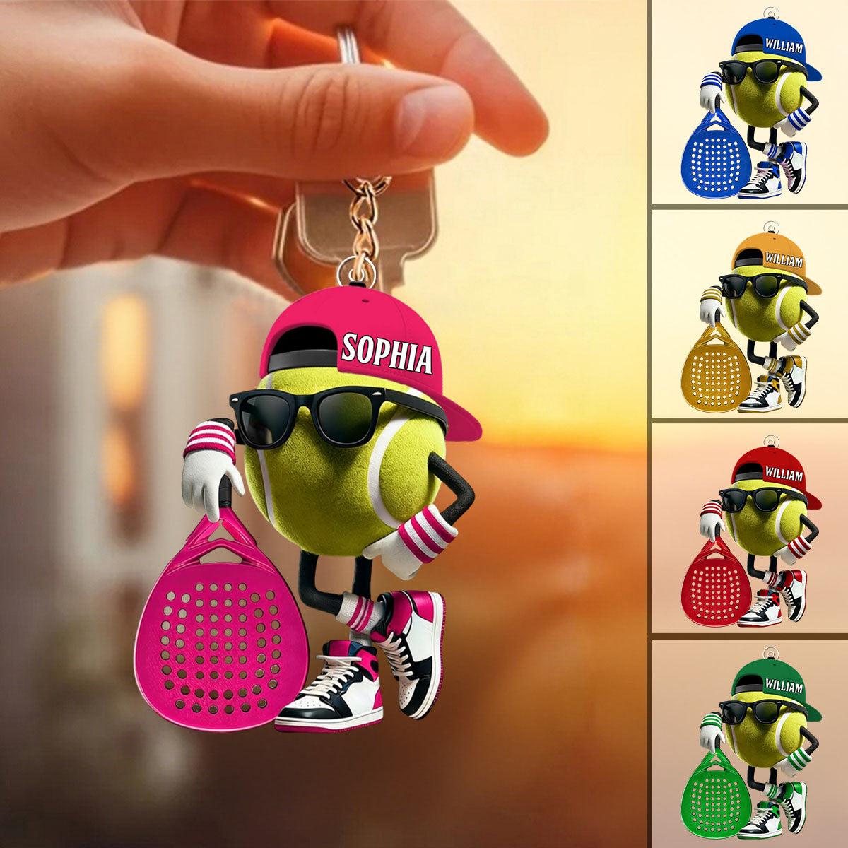 Personalized Padel Acrylic Keychain Cute Tennis Ball Character with Sunglasses and Cap - Unique Gift for Sports Fans