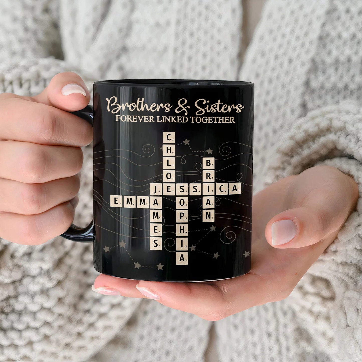 Full Color Mug with Brothers & Sisters Crossword Theme, High Clarity, Fun and Sentimental Gift for Family