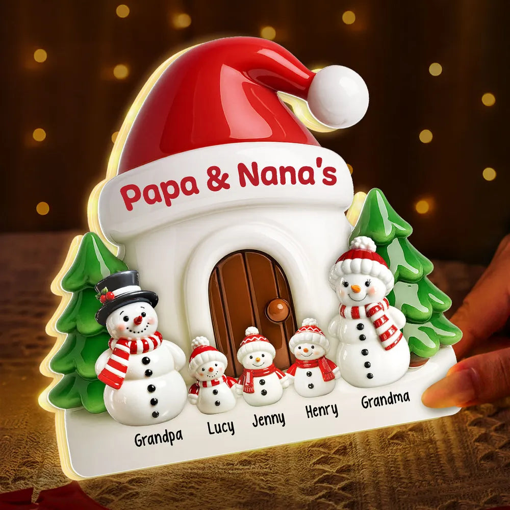 Personalized Acrylic Light Box with Snowman Family House, Soft Warm Glow Christmas Gift for Grandparents, Unique Keepsake Décor
