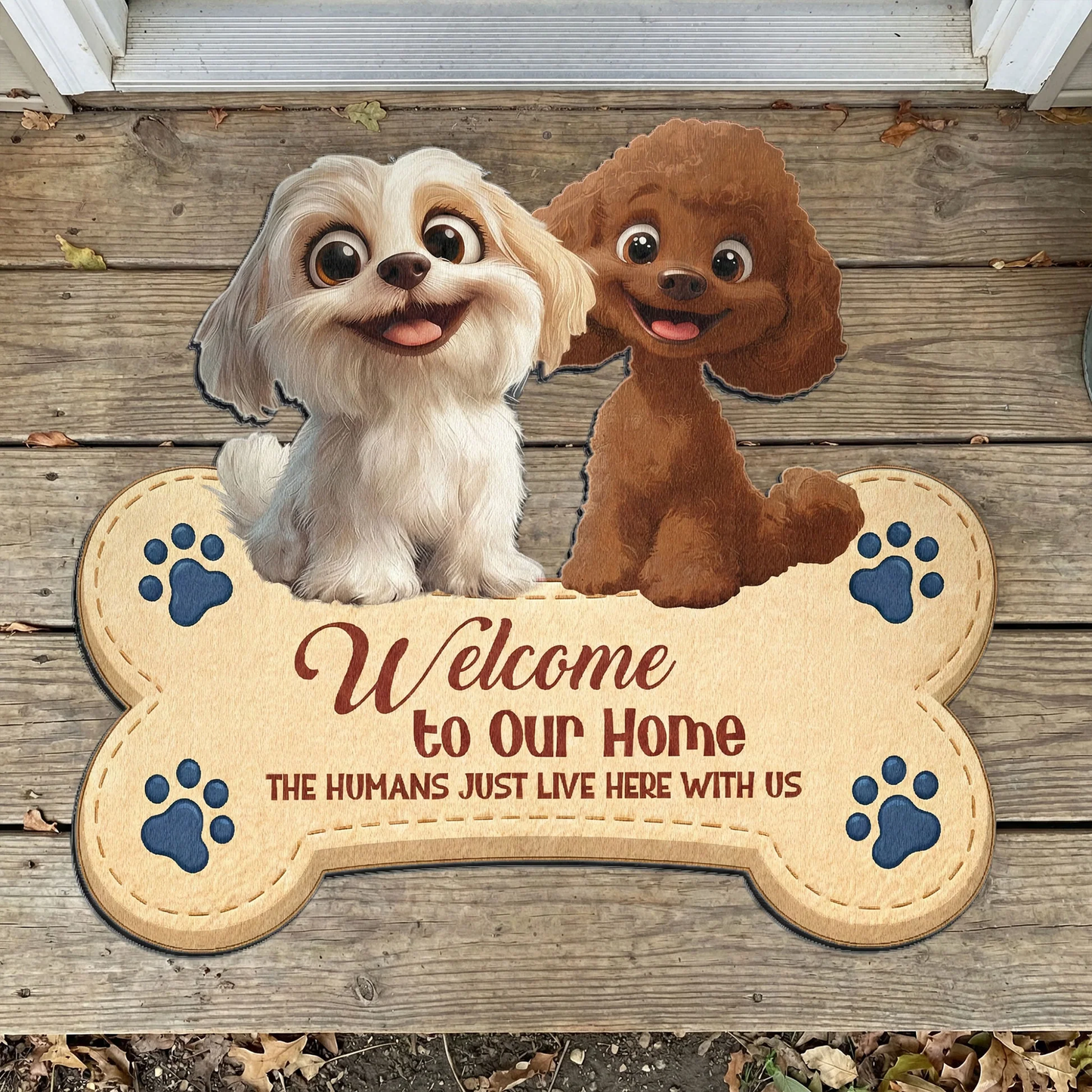 Personalized Shaped Doormat with Cute Dogs and Paw Prints, Welcome to Our Home, Unique Gift for Dog Lovers