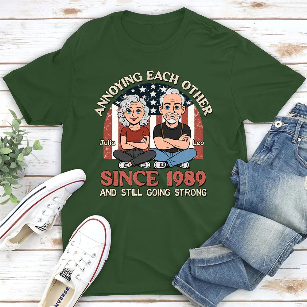 Personalized Classic Tee With Funny Couple Cartoon and USA Flag Backdrop - Unique Anniversary Gift