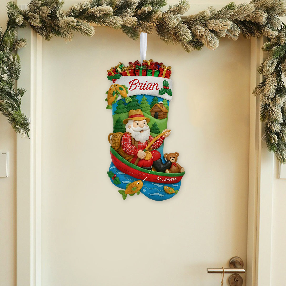 Christmas Santa Fishing - Personalized Fishing Shaped Christmas Stocking