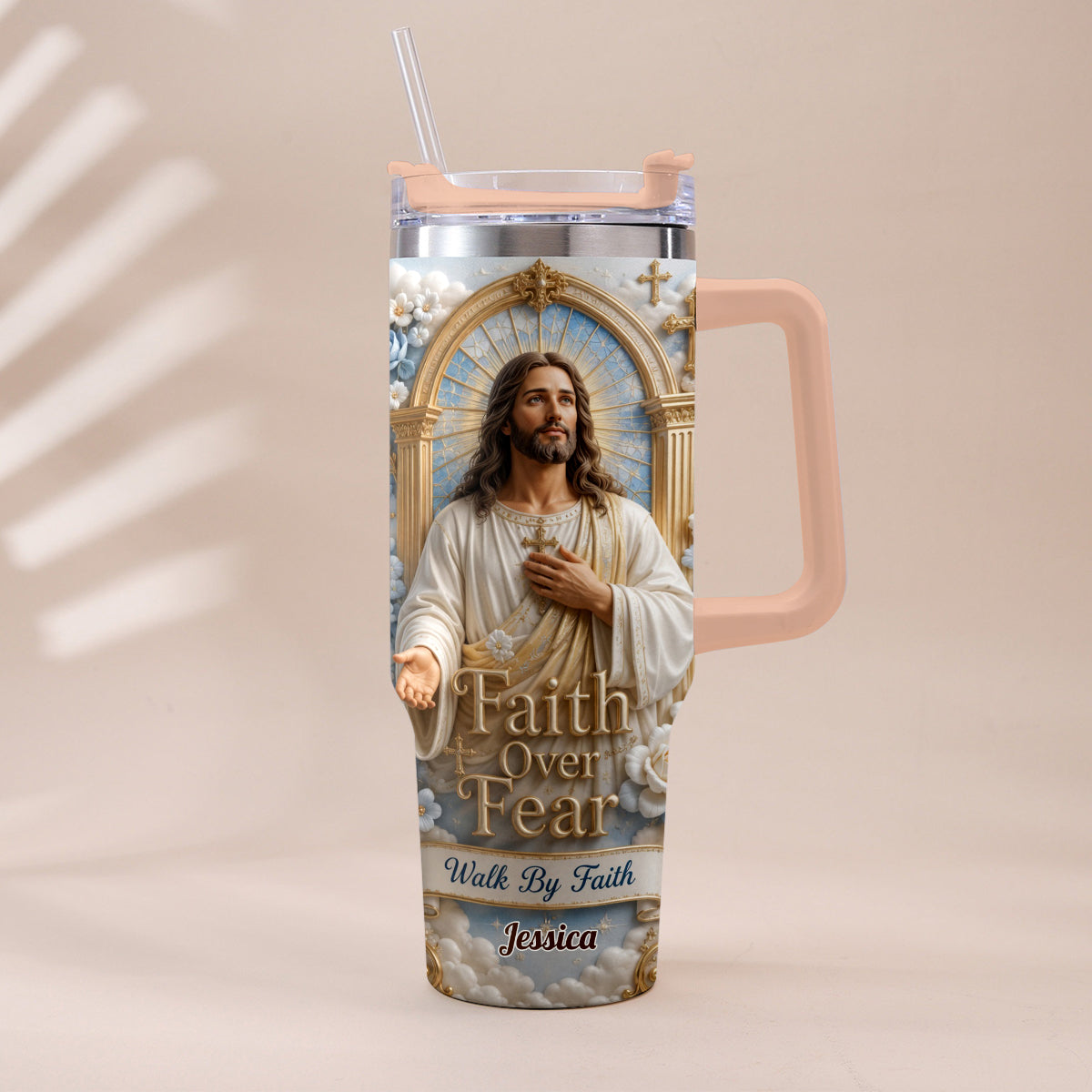 Faith Over Fear - Personalized Christian Tumbler With Plush Charm