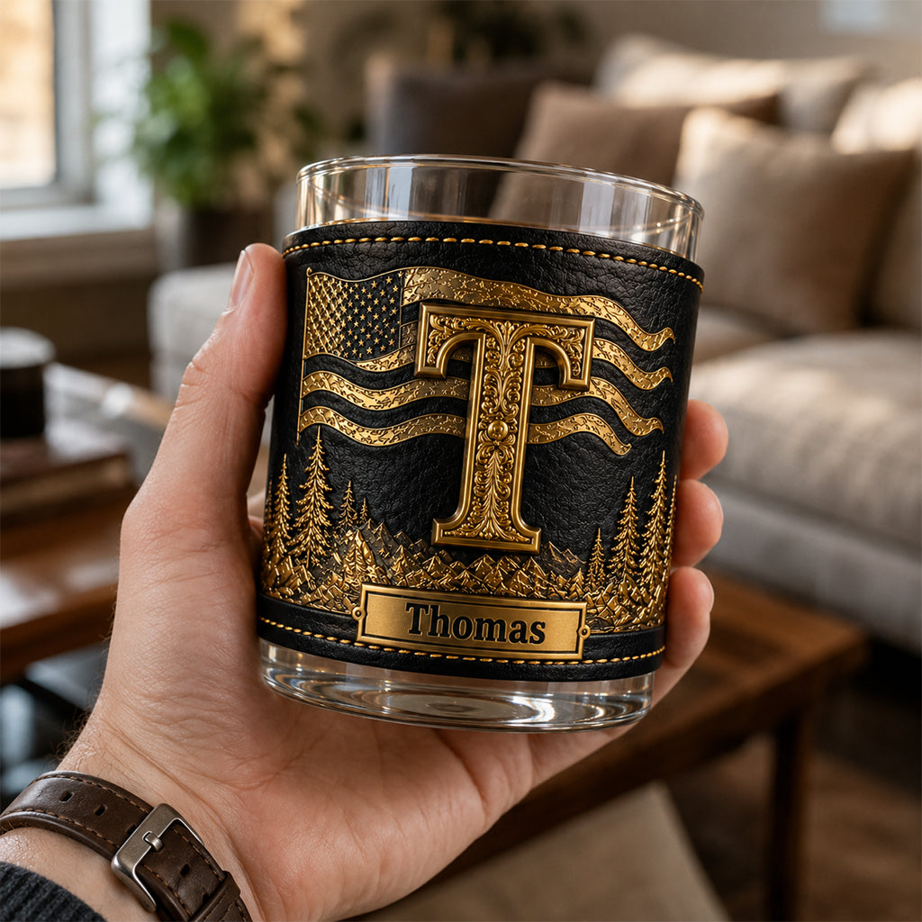 Initial Custom For Whiskey Lovers - Personalized Whisky Whiskey Glass With Leather Holder