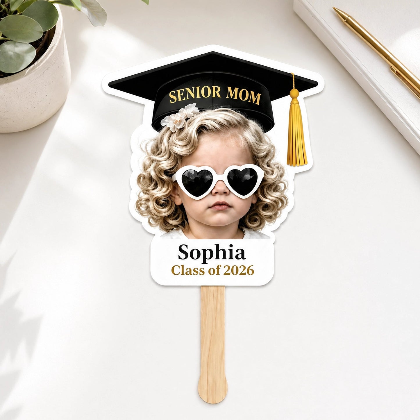 Personalized Graduation Foam Board Fan with Cap & Heart Sunglasses - Unique Congrats Gift for the Graduate