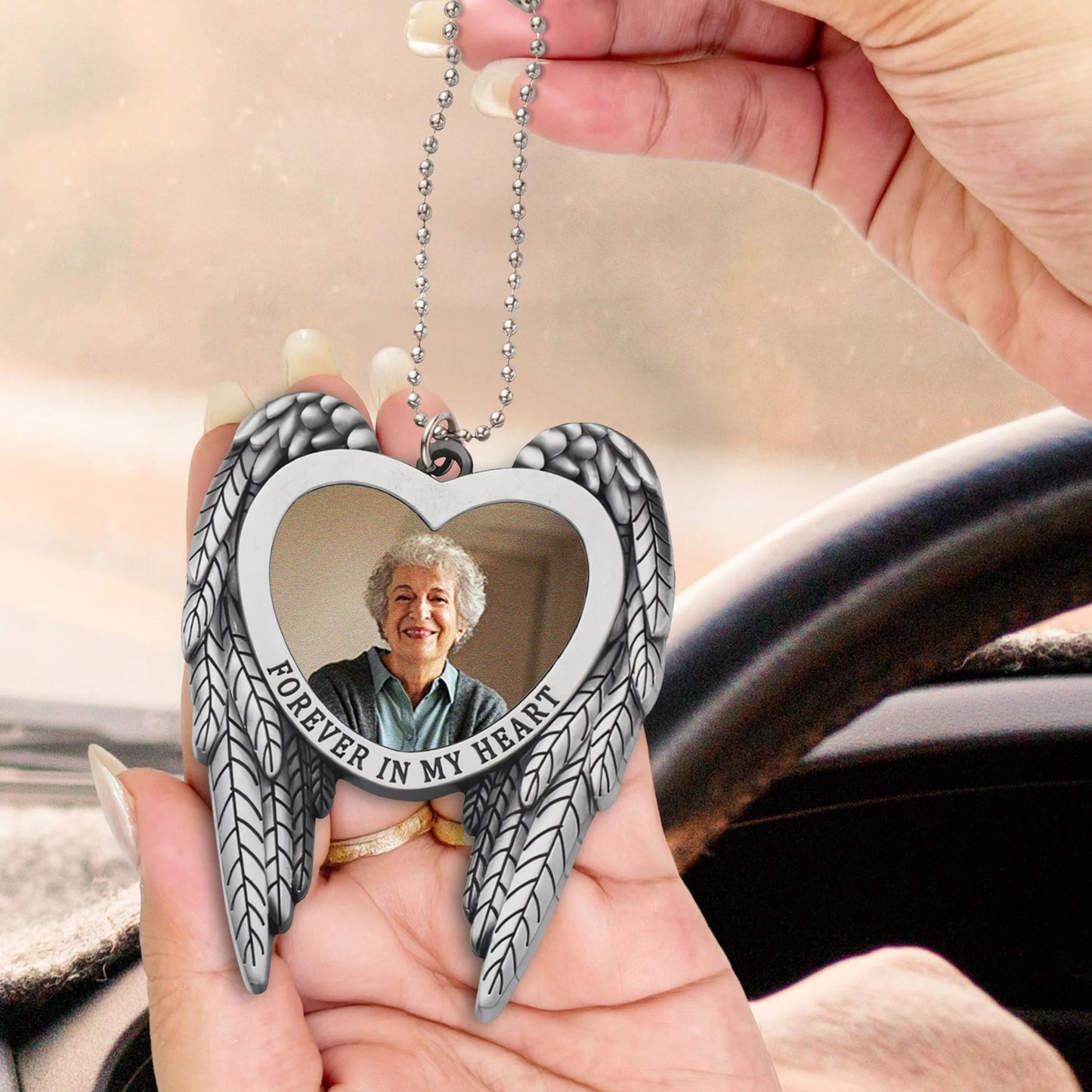 Angel Wings Heart Ornament for Car Mirror, Personalized Photo Memorial Keepsake, a unique gift for family