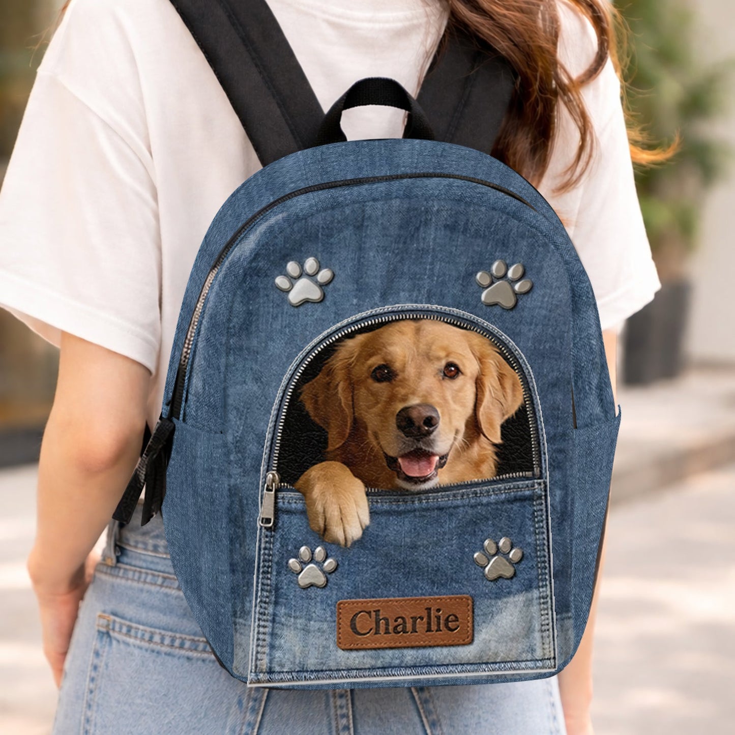 Any Photo Personalized Denim Dog Backpack - Personalized Dog Changeable Leather Patch Backpack