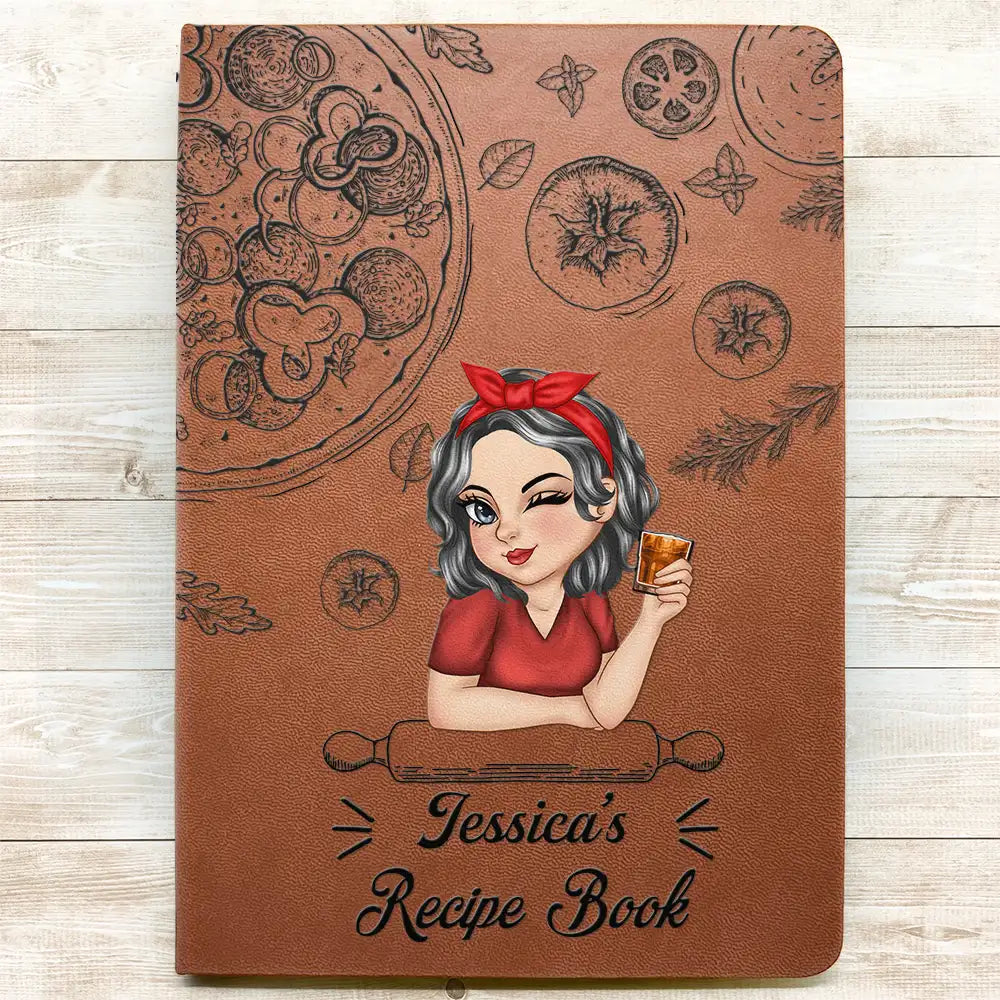 Personalized Leather Recipe Book with Custom Name, Cute Illustrated Cooking Journal Gift for Mom or Home Chef