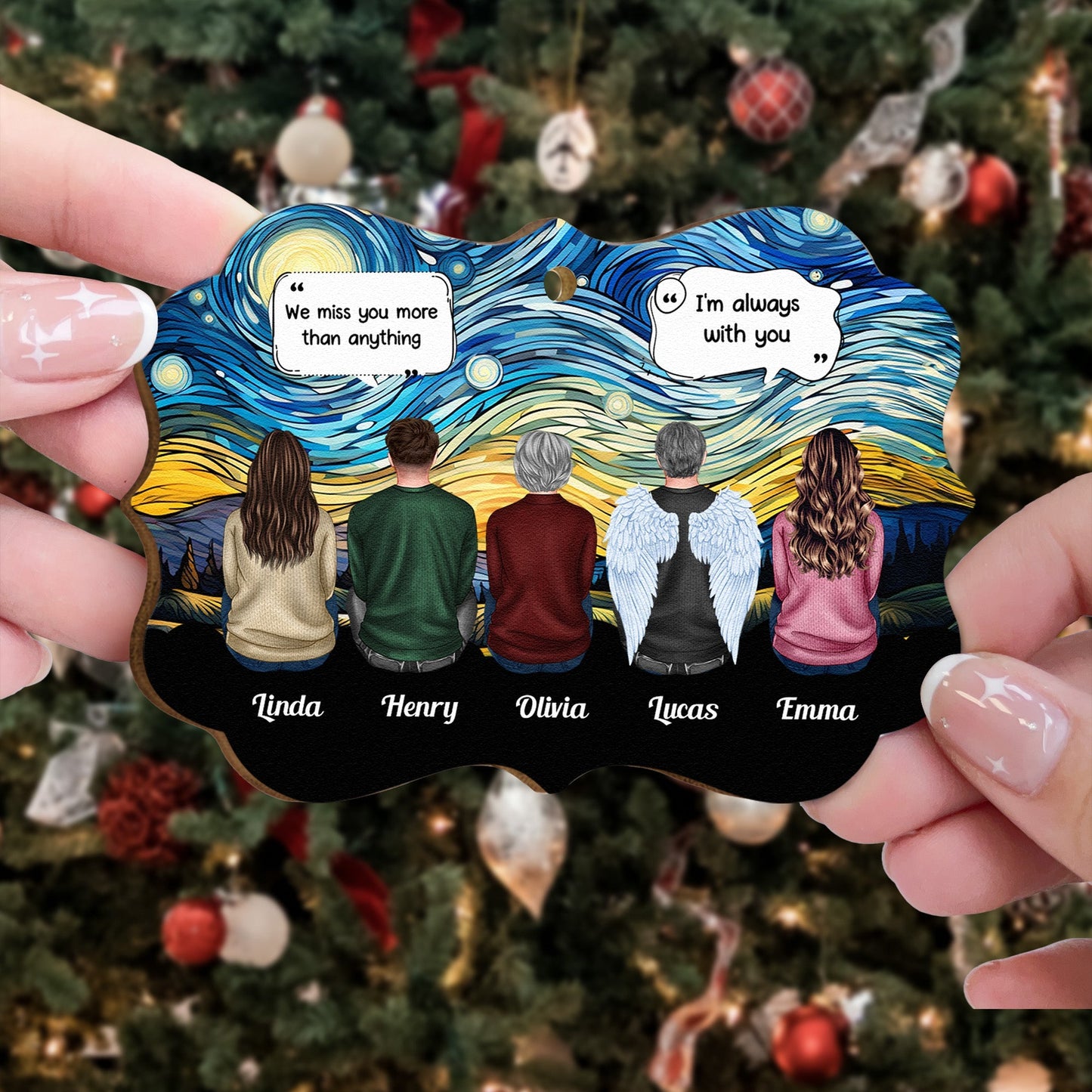 Wooden Ornament Memorial Keepsake - Starry Sky Family Back View, Angel Wings, 'We miss you' quote, a unique gift for family