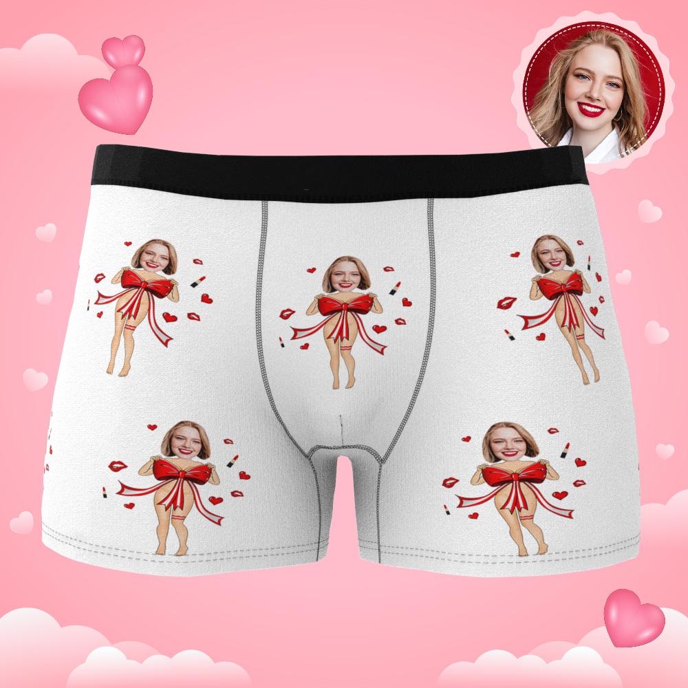 Custom Photo Boxer Red Bow AR View - Personalized Couple Men's boxer briefs