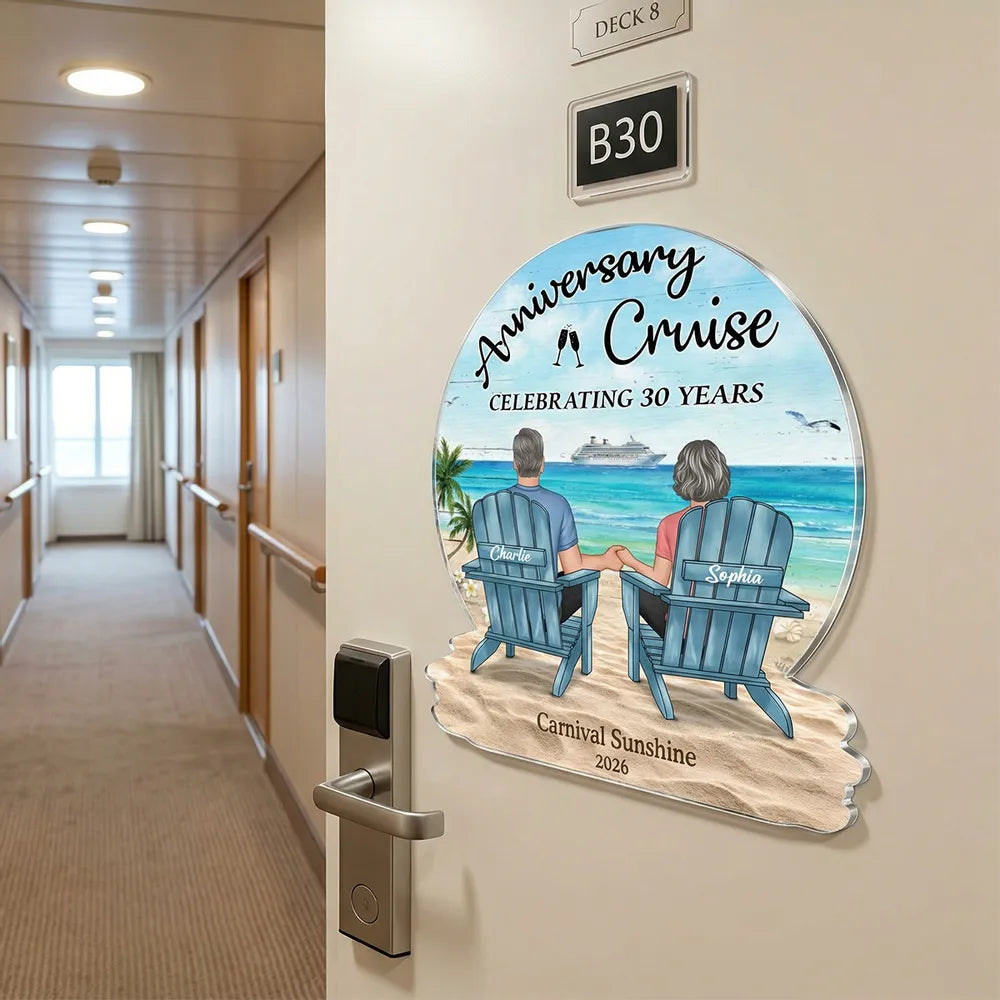 Personalized Anniversary Cruise Acrylic Magnet, Couple Holding Hands Beach Back View, Unique Gift for Husband & Wife