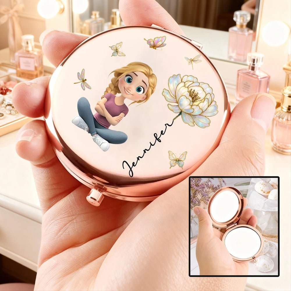 Personalized Metal Compact Mirror With Cute Cartoon Girl & Butterfly Florals - Unique Gift For Her, Purse-Ready Smile Booster