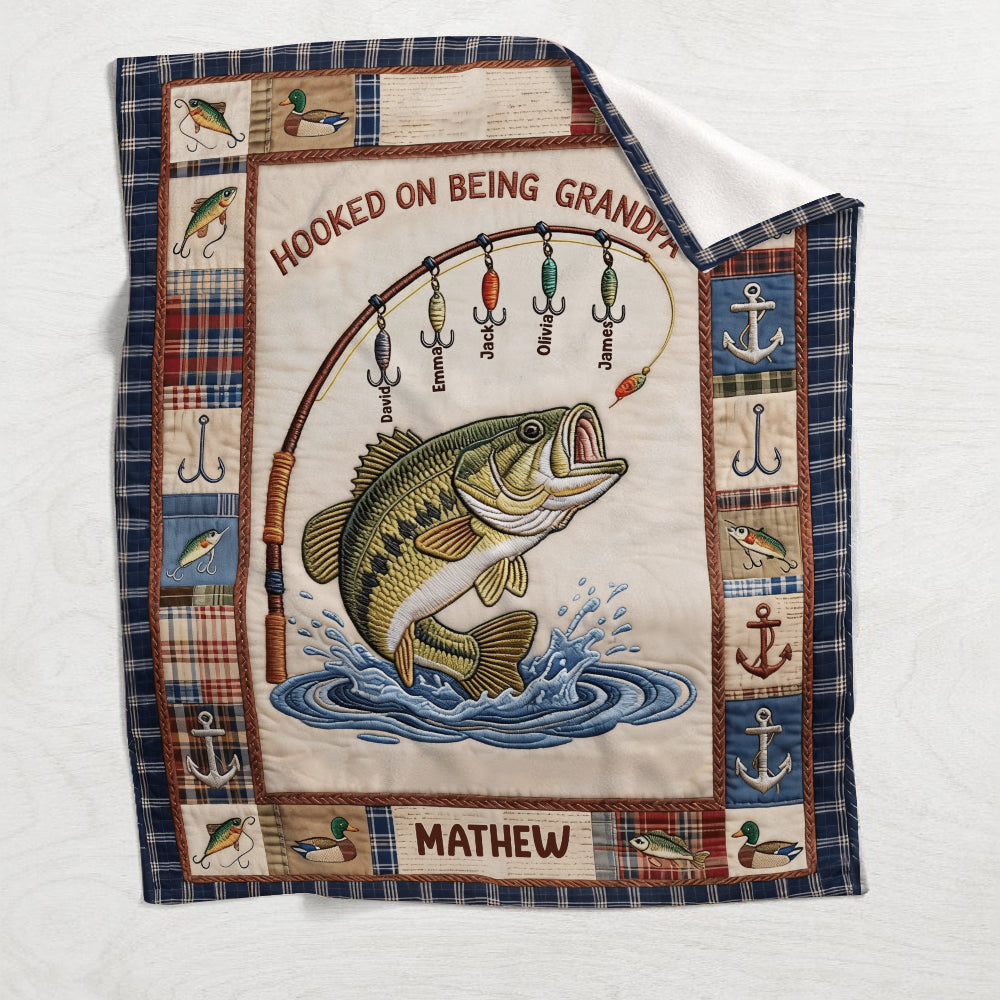 Hooked On Being Grandpa - Personalized Fishing Blanket