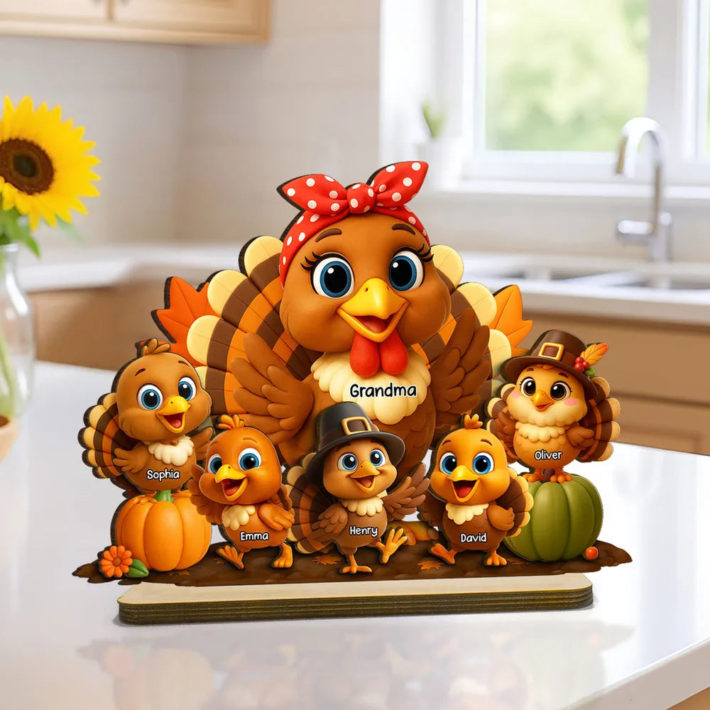 Fall Season Wooden Plaque with Adorable Turkey Family Artwork, Cozy Décor, Perfect Gift for Grandma