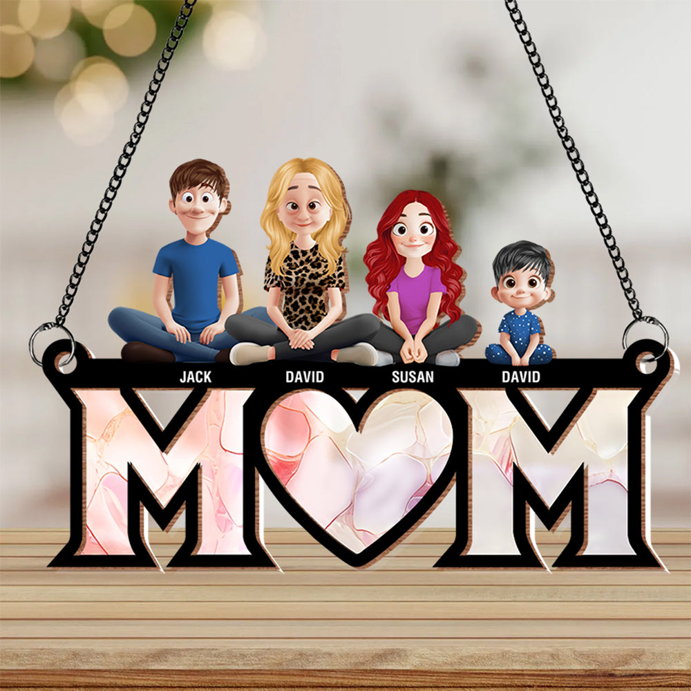 Personalized Wood and Acrylic Layered Ornament – Custom 'MOM' Hanging Ornament with Names of Children – Unique Gift for Mother’s Day, Birthdays, or Special Occasions