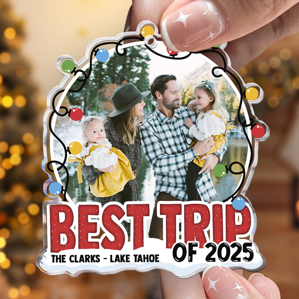 Acrylic Ornament Custom Photo, Festive Lights Frame, Family Hug by a Mountain Lake - Unique Gift for Travelers & Families