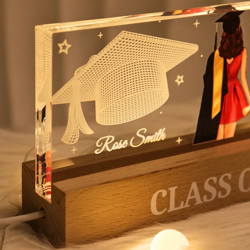 Personalized Graduation Block LED Light Plaque, cap & gown silhouette for a unique keepsake gift