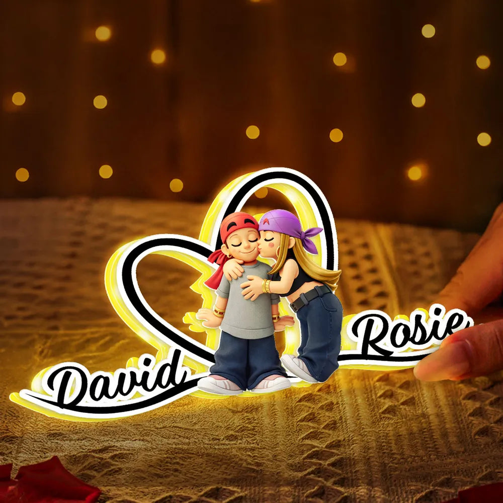 Personalized Acrylic Light Box Y2K Cartoon Couple Kissing Nightstand Decor, Warm Glow Unique Gift for Him or Her