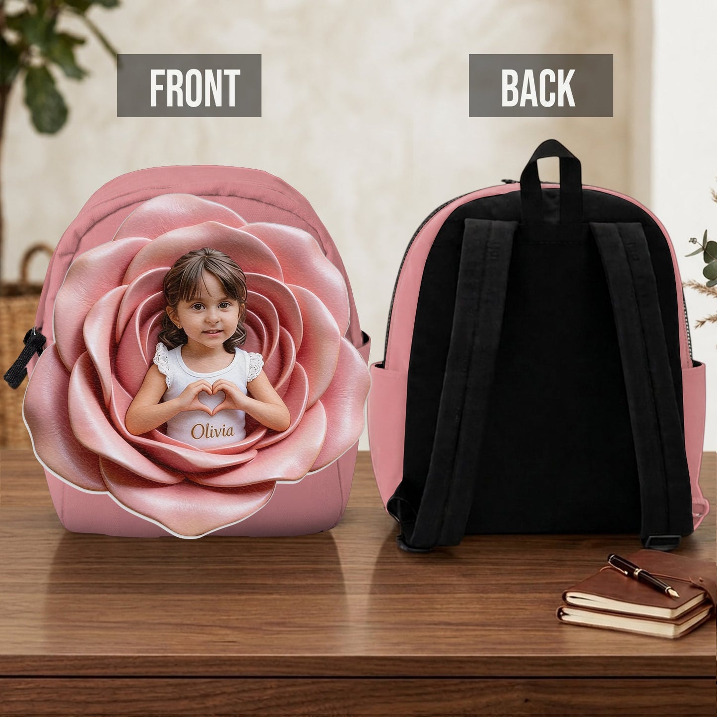 Custom From Photo And Flower - Personalized Kid Changeable Leather Patch Backpack